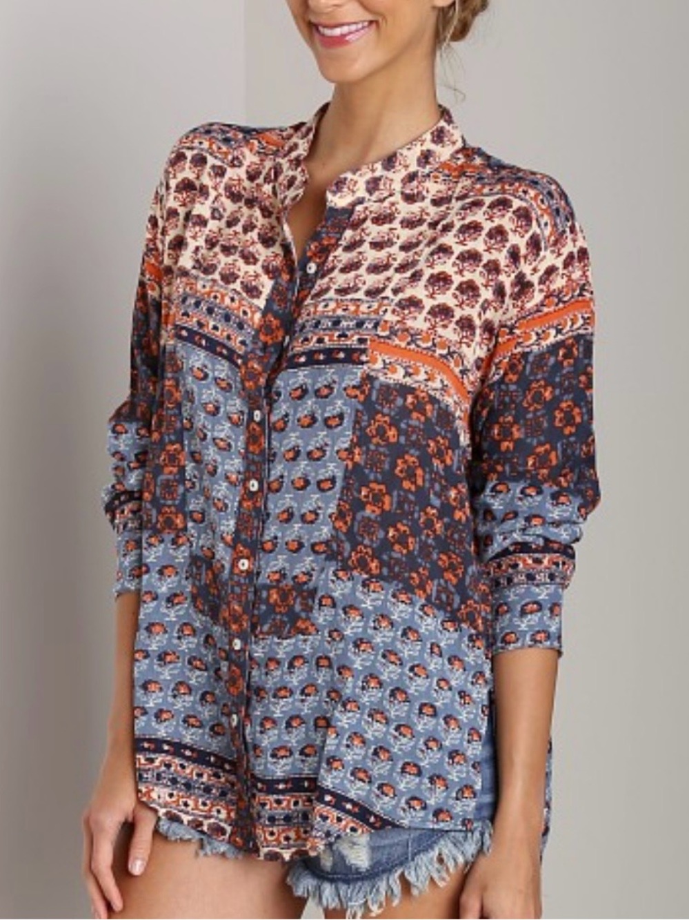 Free People Boho Patchwork Button-Front Women's Top in Blue & Orange